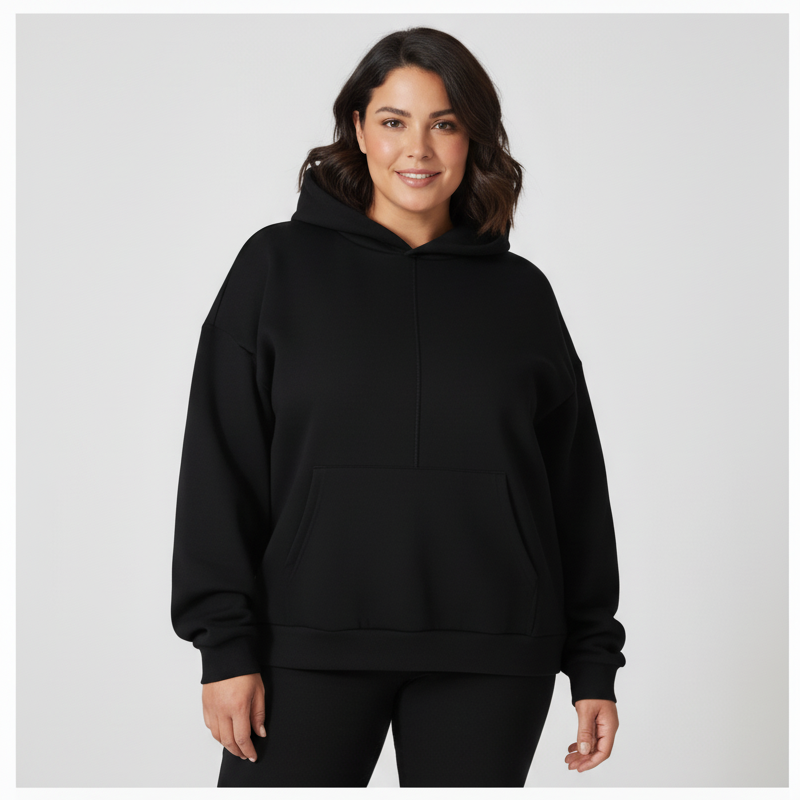 Woman wearing a black hoodie on a white background