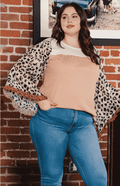 Khaki Printed Plus Ruffle Leopard Sleeve Waffled Color Block Top
