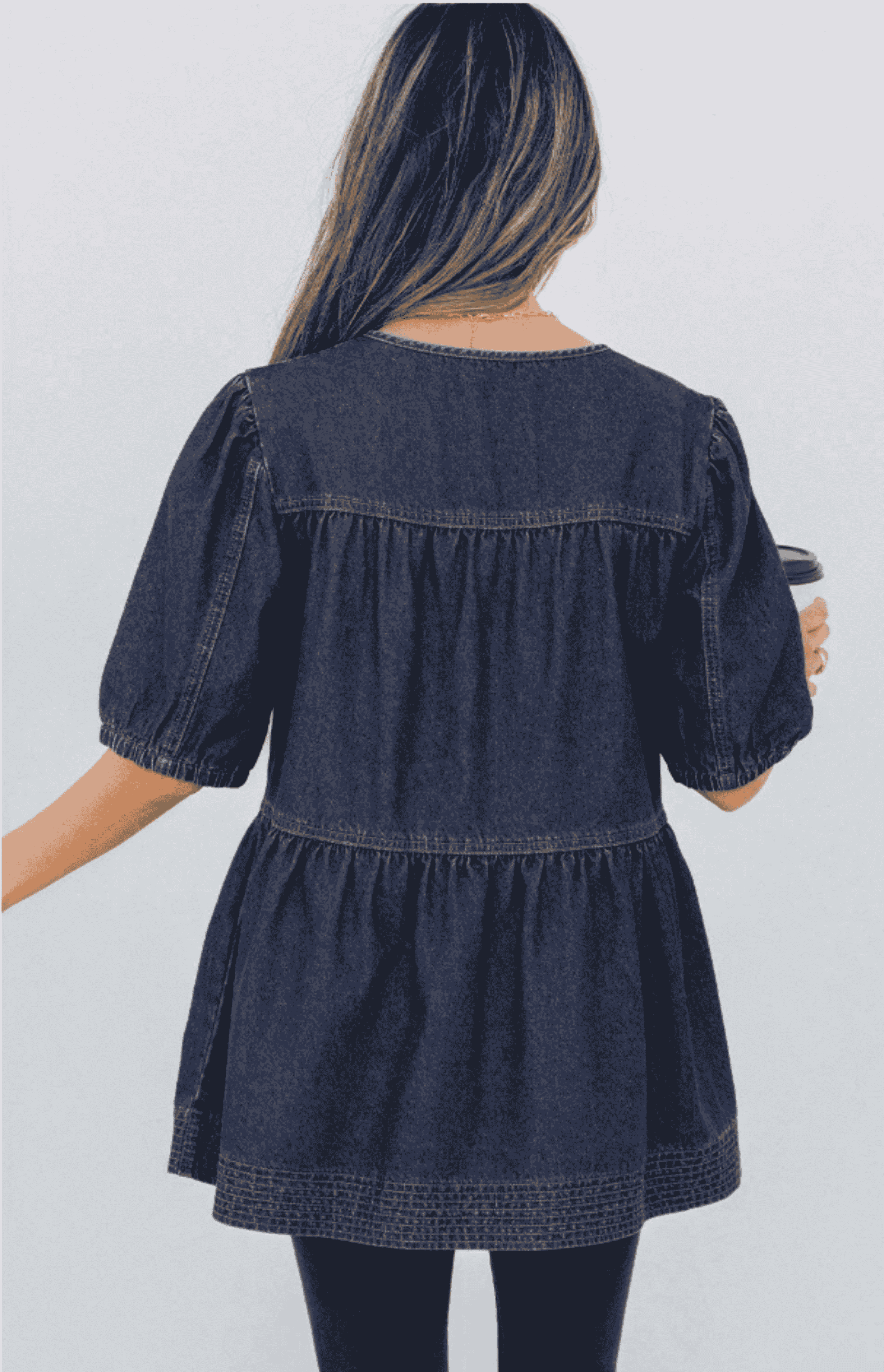 Sail Blue Puff Sleeve Lace-up Neckline Splicing Denim Blouse