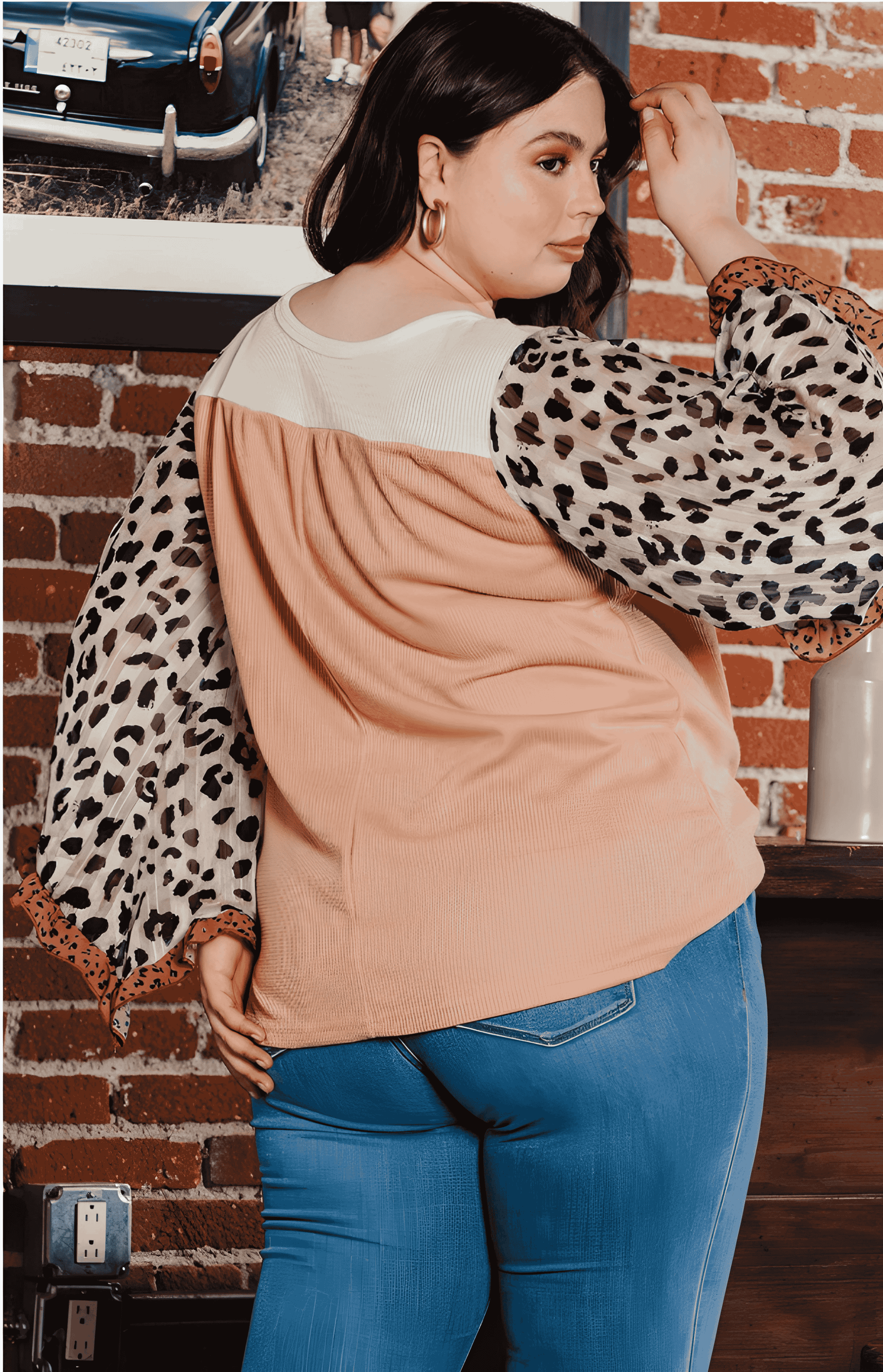 Khaki Printed Plus Ruffle Leopard Sleeve Waffled Color Block Top