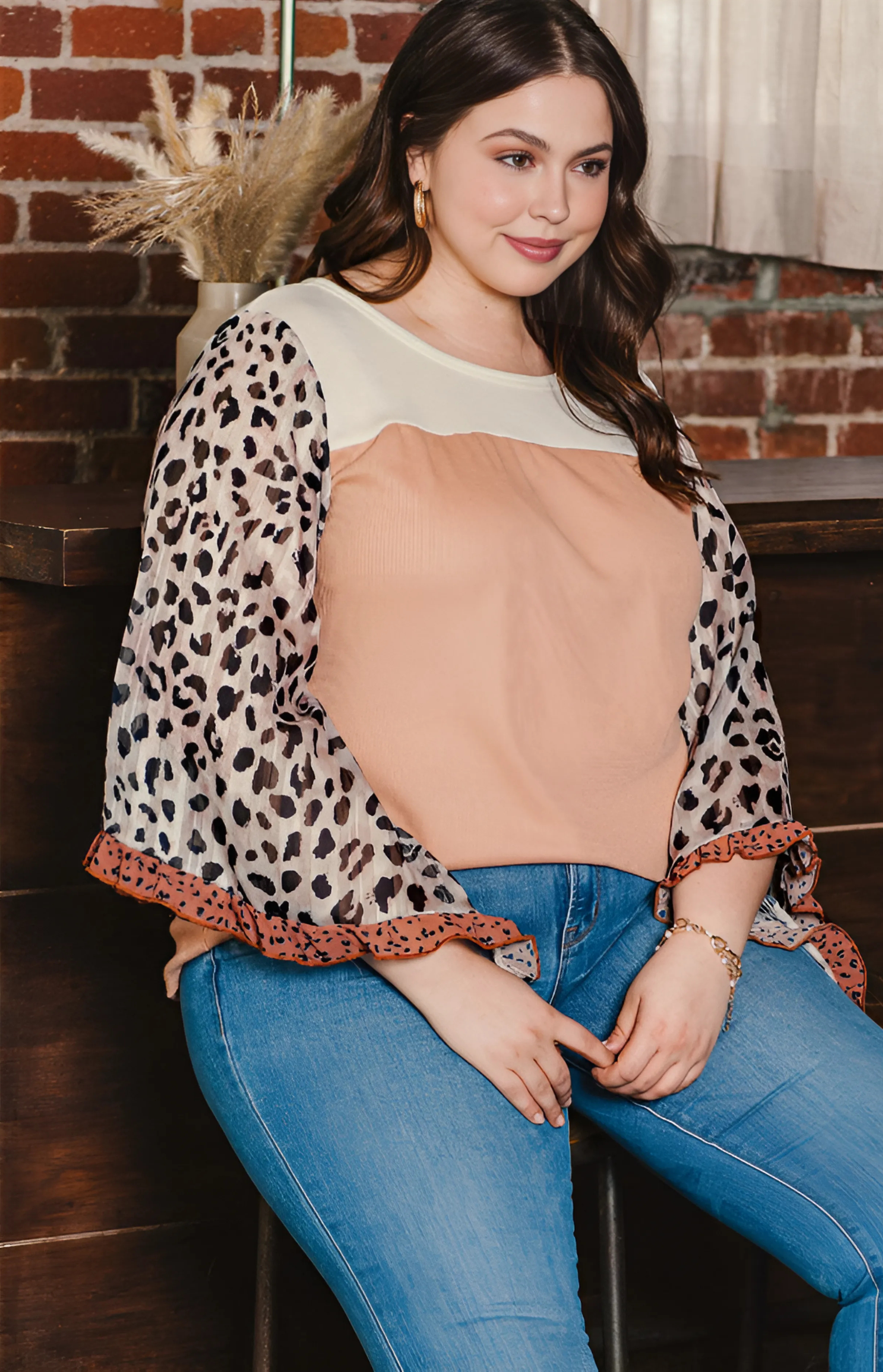 Khaki Printed Plus Ruffle Leopard Sleeve Waffled Color Block Top
