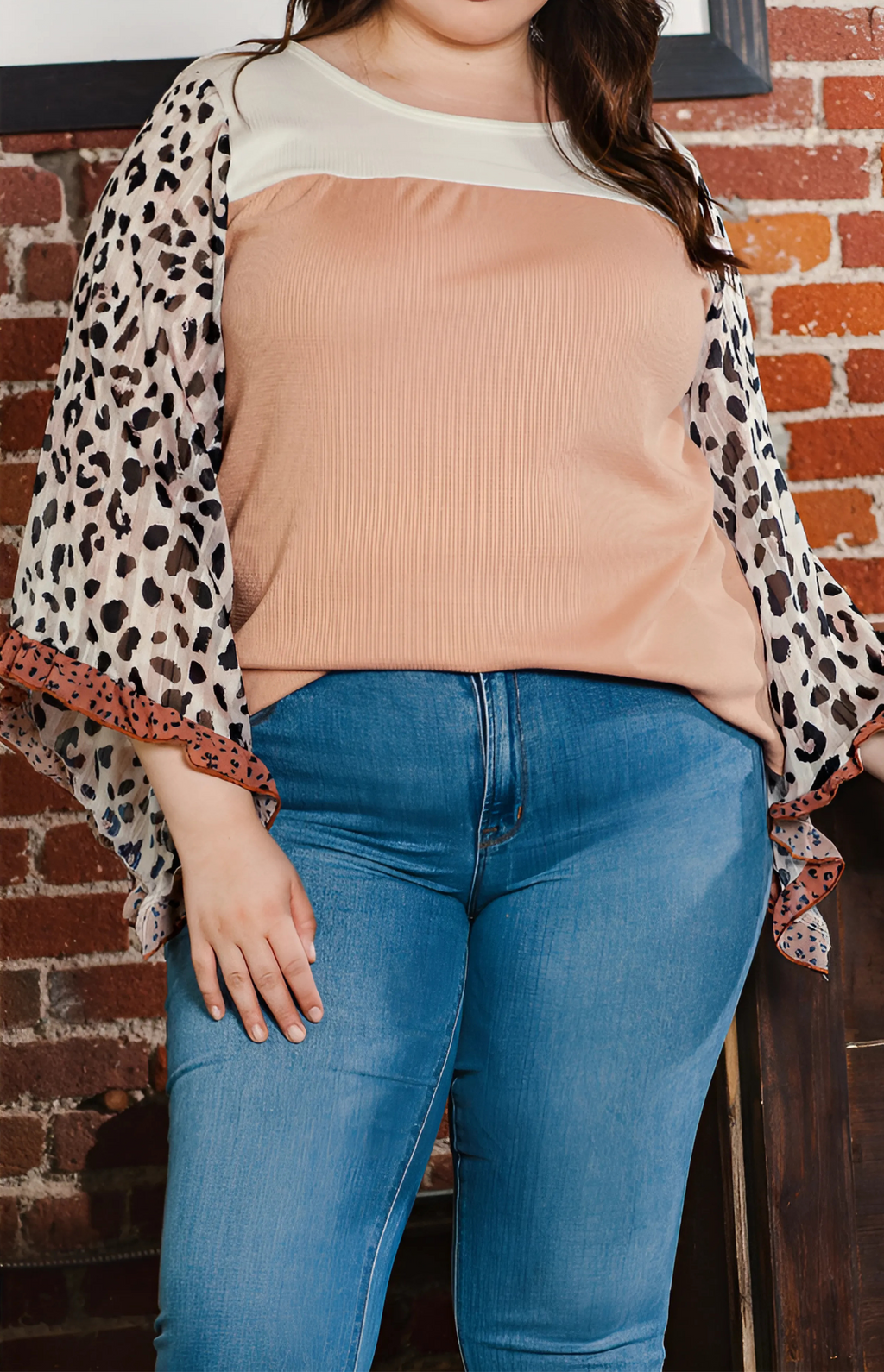 Khaki Printed Plus Ruffle Leopard Sleeve Waffled Color Block Top