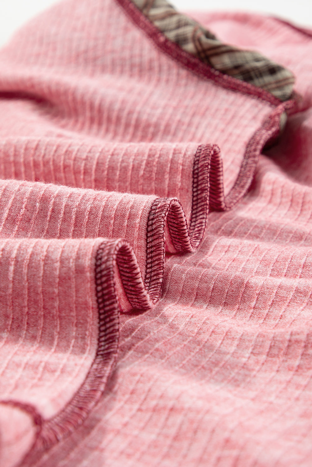 Fushia Mixed Print Raglan Sleeve Ribbed Knit Patchwork Blouse