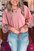 Blossom Striped Mesh Sleeve Patchwork Exposed Seam Casual Pullover Top