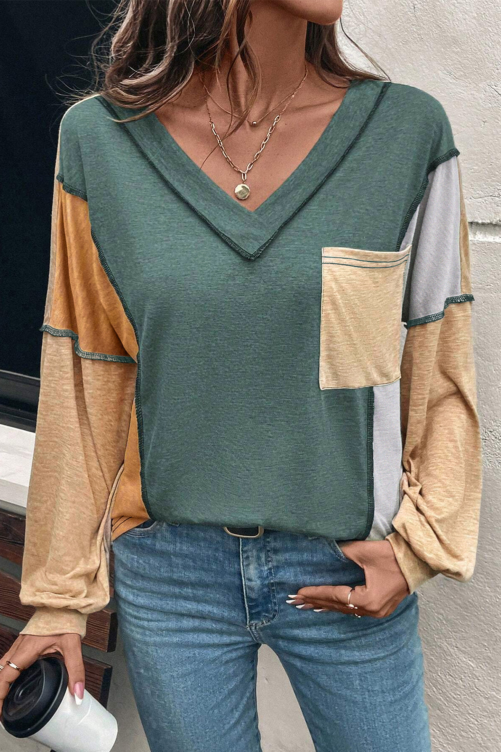 Four Leaf Clover Exposed Stitching Colorblock V Neck Long Sleeve Top
