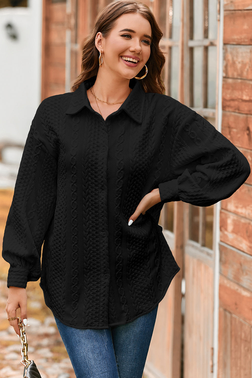 Black Cable Texture Puff Sleeve Loose Shacket