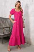 Rose Plaid Square Neck Puff Sleeve Maxi Dress