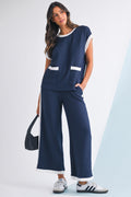 Navy Blue Contrast Trim Pocket T Shirt and Wide Leg Pants Set