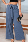 Sail Blue High Waisted Tie Front Side Pocket Wide Leg Flowy Casual Pants