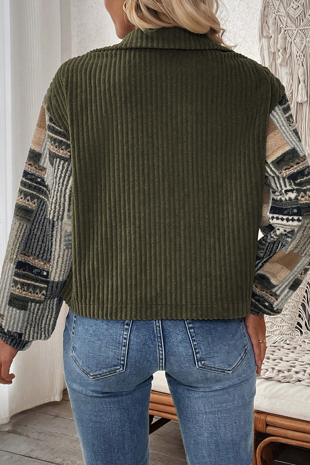 Green Moss Ribbed Fleece Plaid Print Patchwork Button Up Jacket