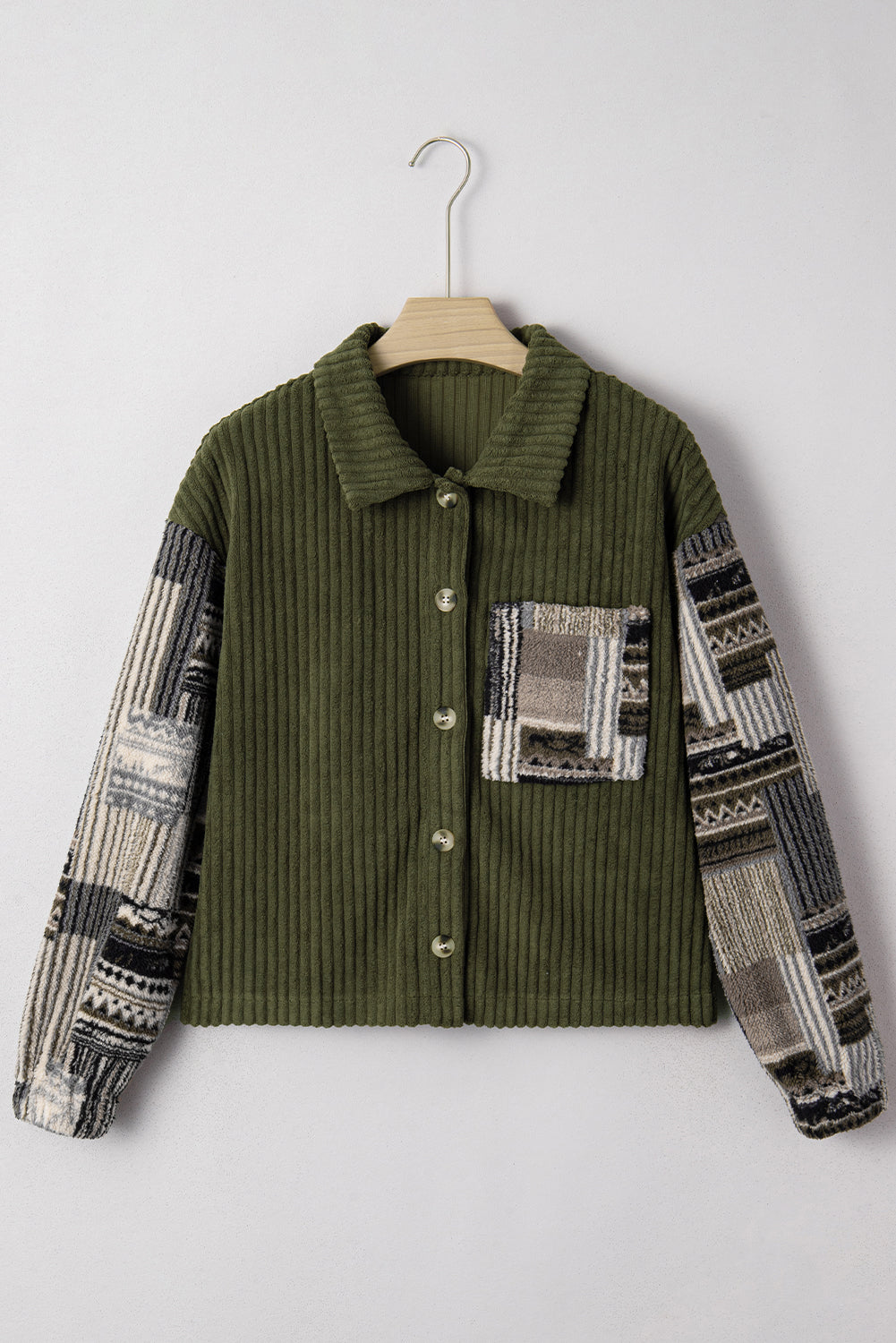 Green Moss Ribbed Fleece Plaid Print Patchwork Button Up Jacket