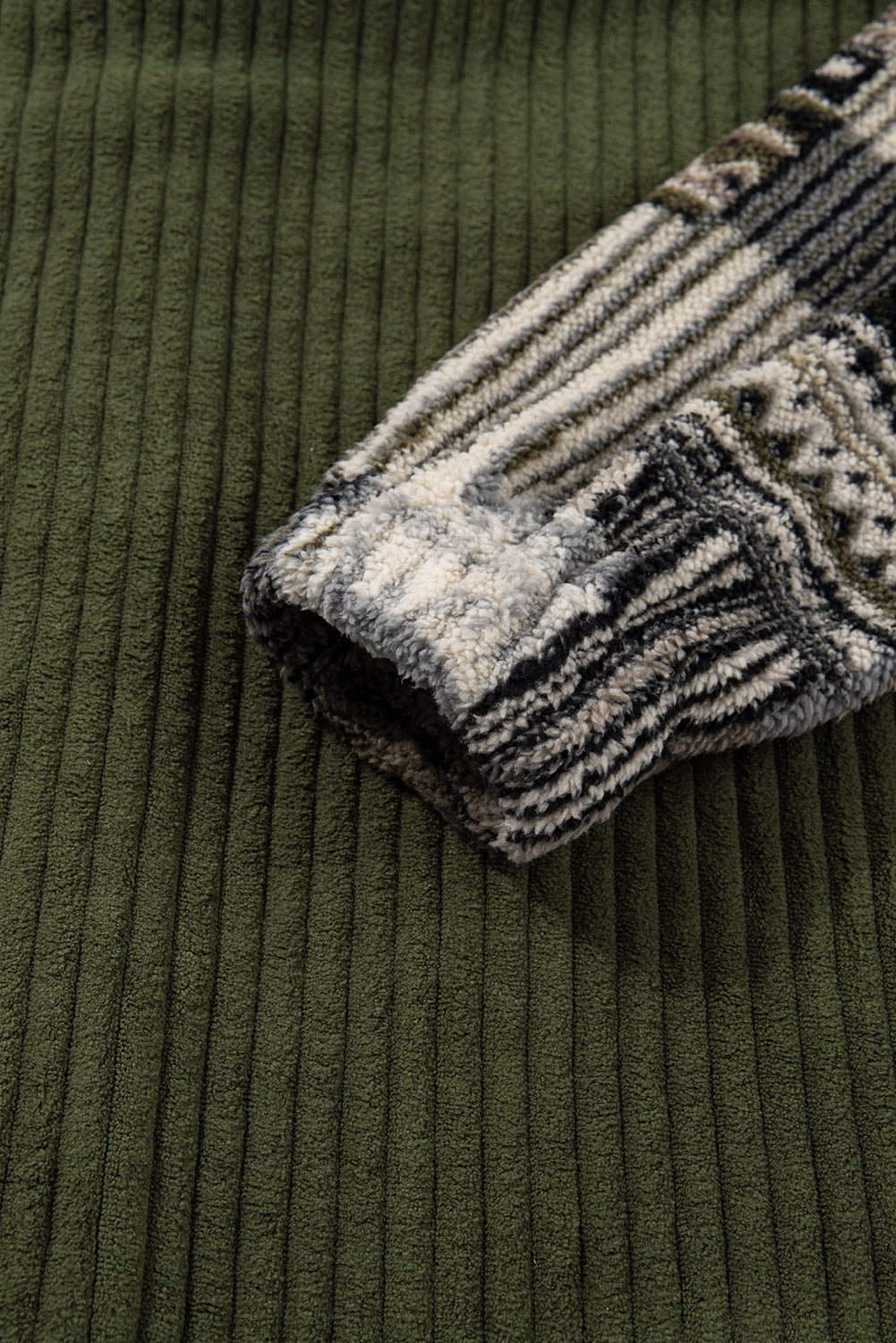 Green Moss Ribbed Fleece Plaid Print Patchwork Button Up Jacket