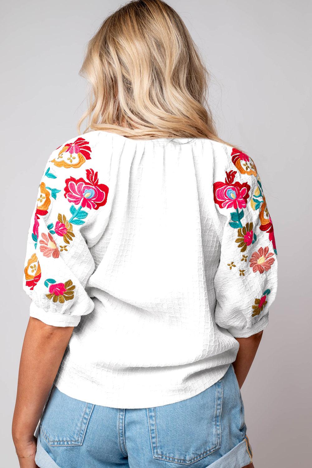 White Floral Embroidered Ricrac Puff Sleeve Textured Blouse - The Fair Lady Shop