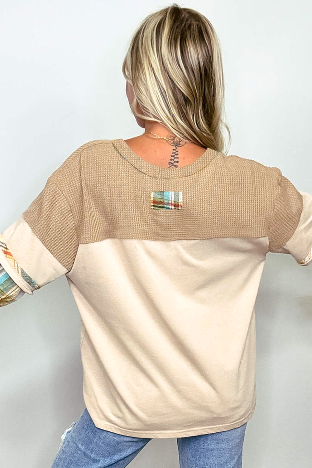 Parchment Plus Size Plaid Waffle Patchwork Henley Top - The Fair Lady Shop