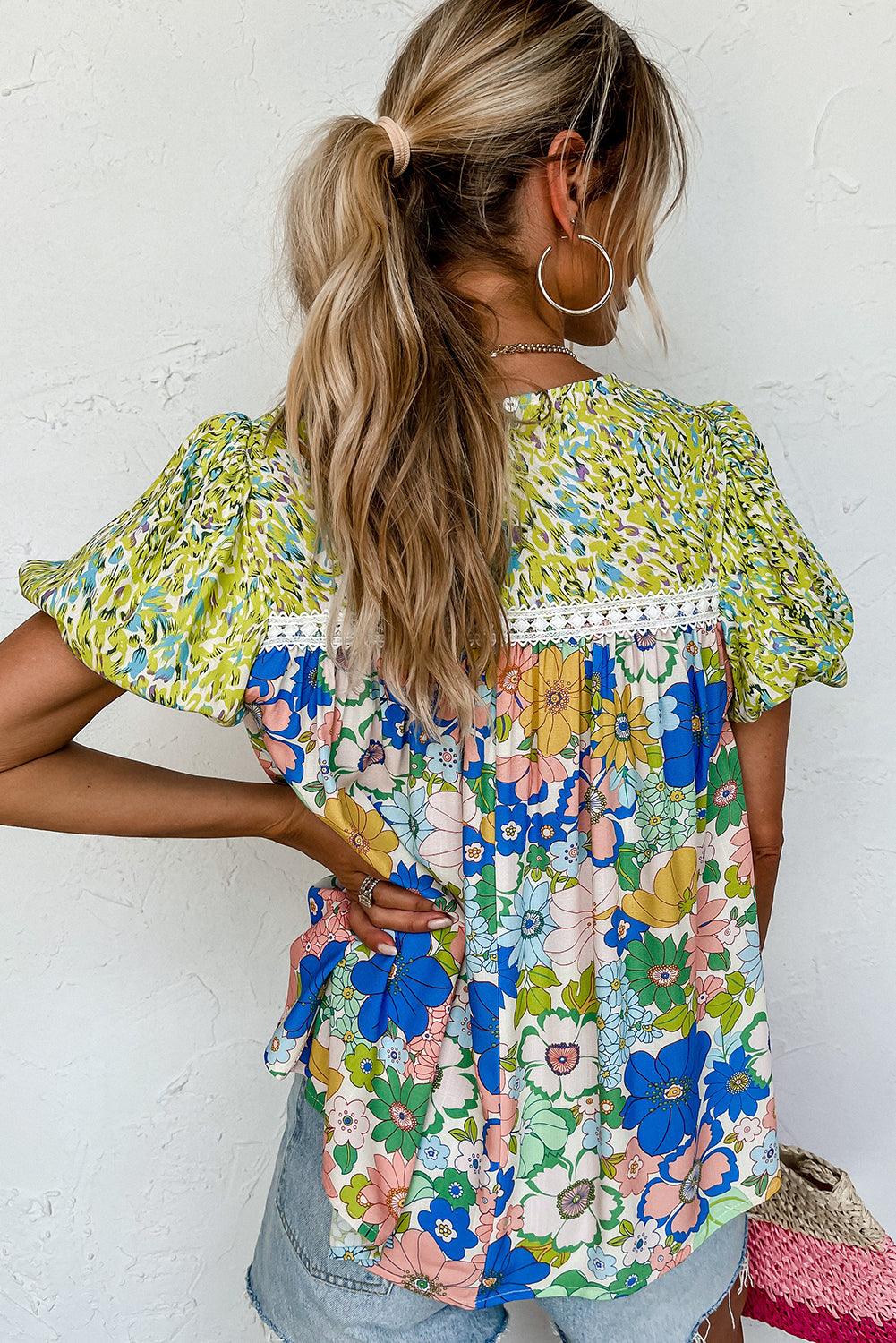 Green Bubble Sleeve Lace Trim Mixed Floral Blouse - The Fair Lady Shop