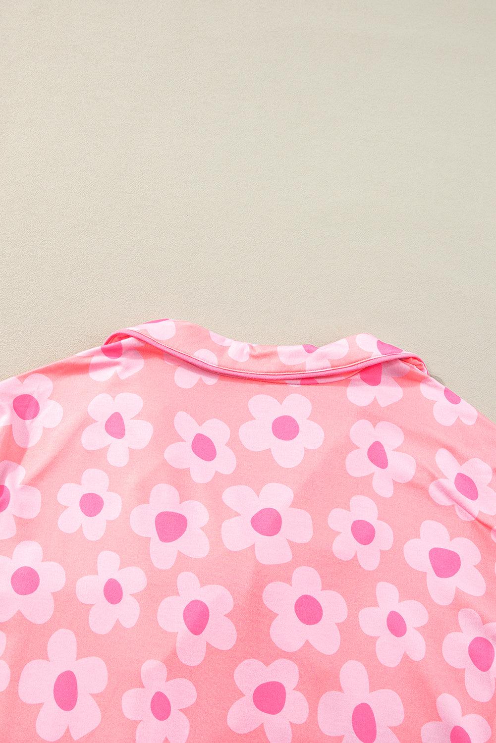Green Flower Print Buttoned Shirt and Drawstring Waist Pajama Set - The Fair Lady Shop
