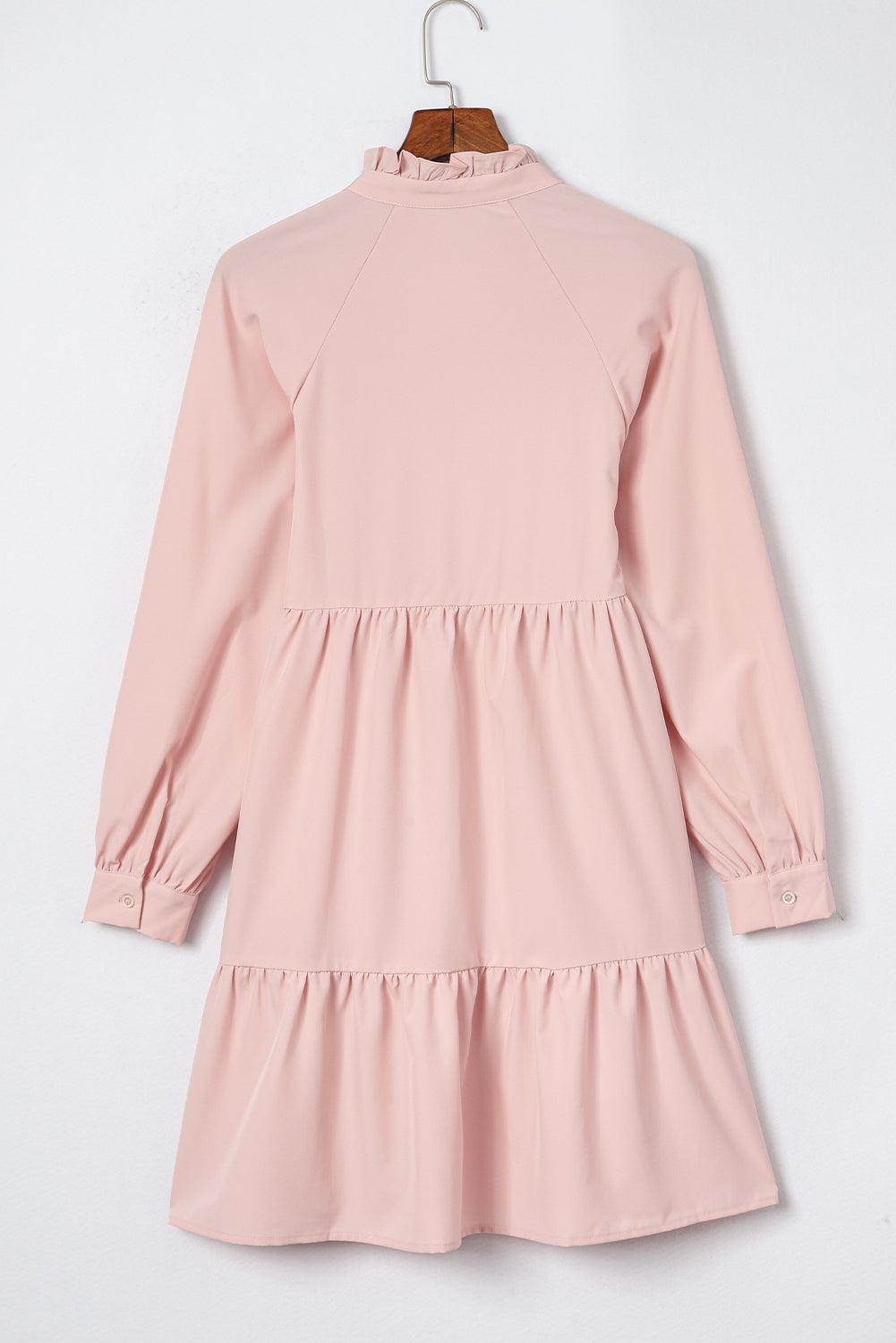 Pink Casual Stand V Neck Short Frill Dress - The Fair Lady Shop
