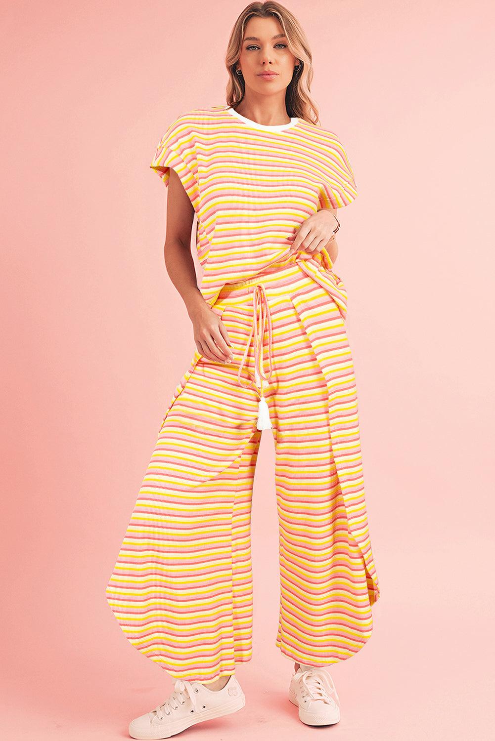 Yellow Stripe Rainbow Tee and Tassel Drawstring Wide Leg Pants Set - The Fair Lady Shop