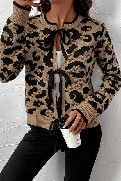 Brown Leopard Print Bow Tie Knit Cardigan - The Fair Lady Shop