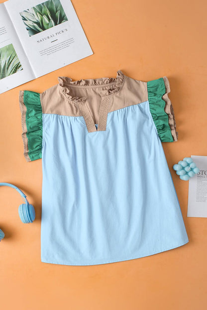 Mist Blue Colorblock Ruffled Sleeve Frill V Neck Blouse - The Fair Lady Shop