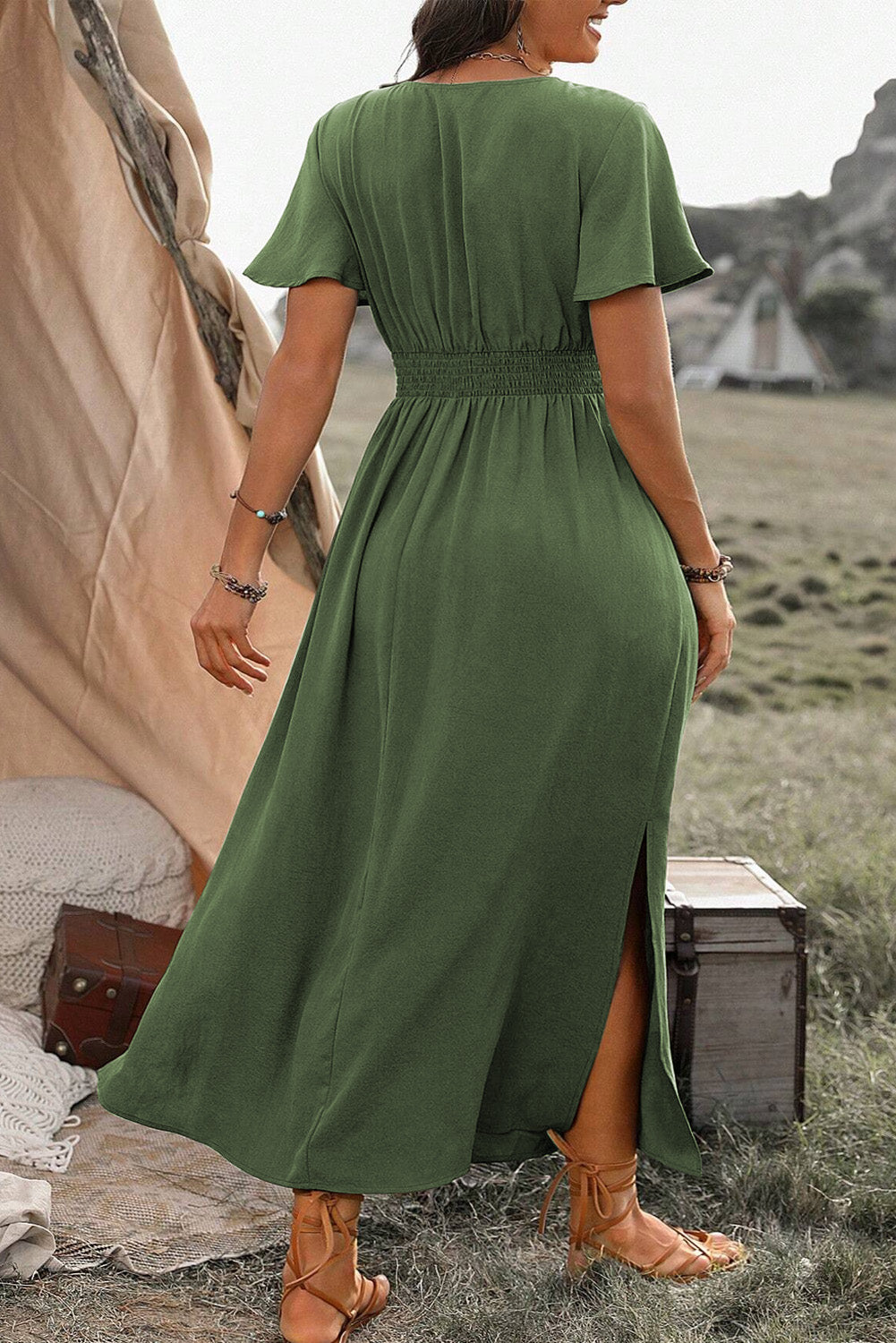 Green Surplice Neckline Smocked High Waist Plus Size Maxi Dress - The Fair Lady Shop