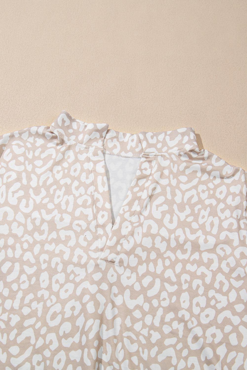 Apricot Leopard Tab Sleeve V Neck Plus Size Top - The Fair Lady Shop