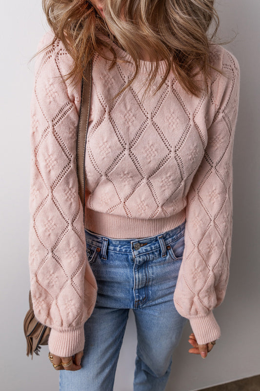 Gossamer Pink Openwork Plaid Puff Sleeve Cropped Sweater - The Fair Lady Shop