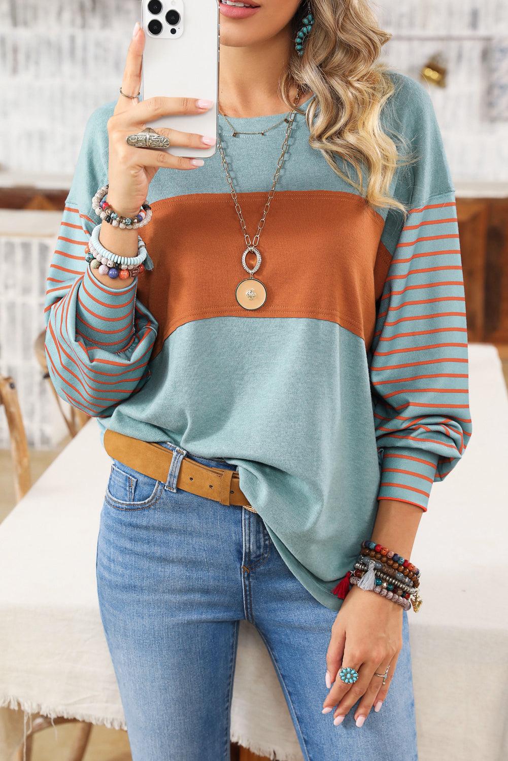 Green Colorblock Striped Bishop Sleeve Top with Side Slits - The Fair Lady Shop