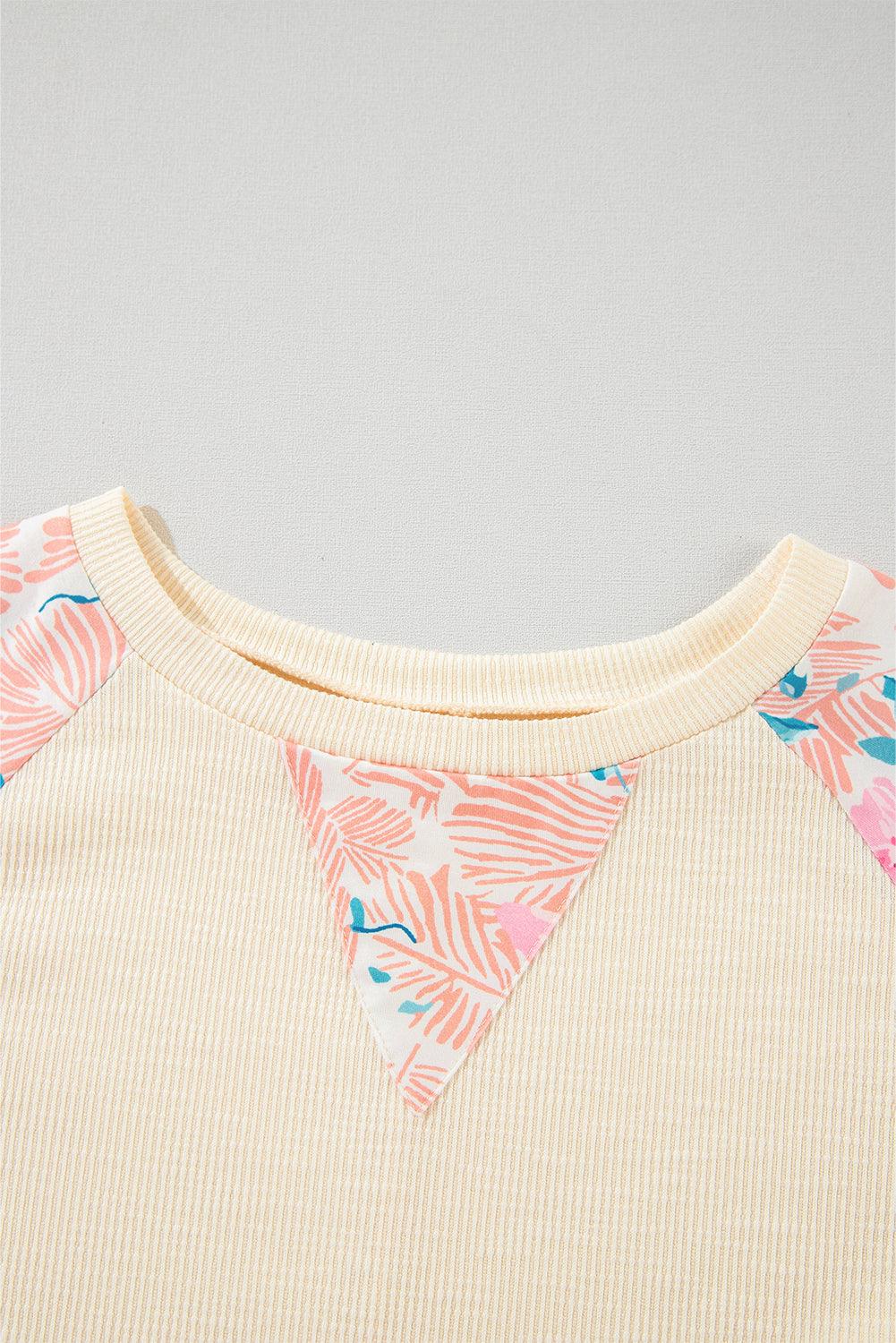 Apricot Crinkle Rib Floral Patchwork Balloon Sleeve Top - The Fair Lady Shop