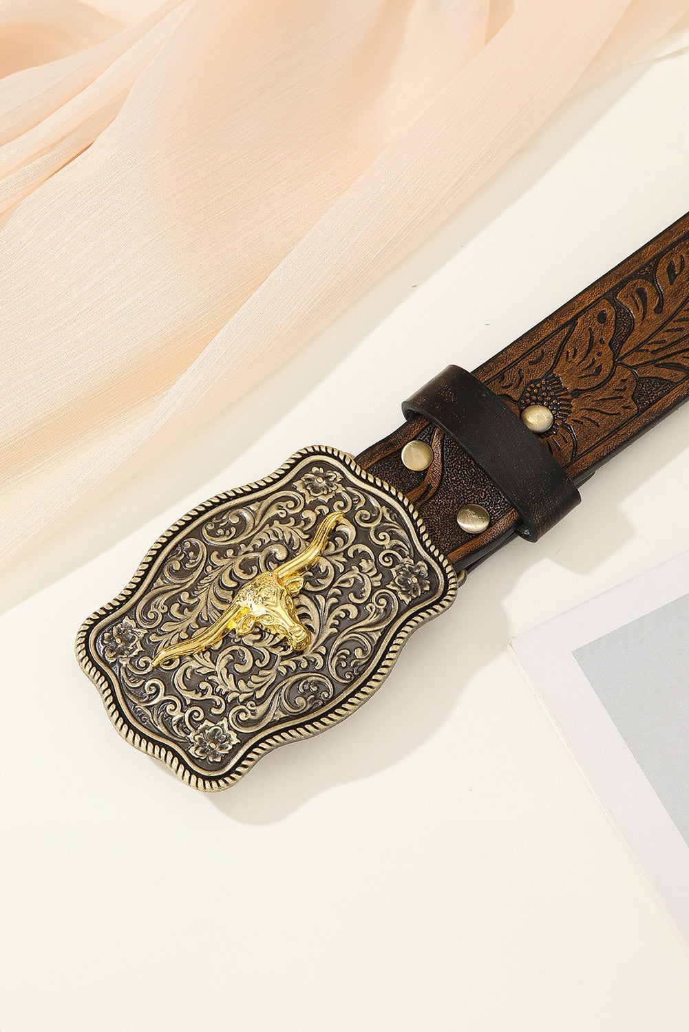 Chestnut Retro Embossed Faux Leather Buckle Belt