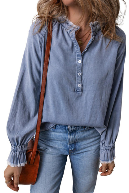 Sky Blue Frilled Raw Hem Half Buttoned Denim Top - The Fair Lady Shop