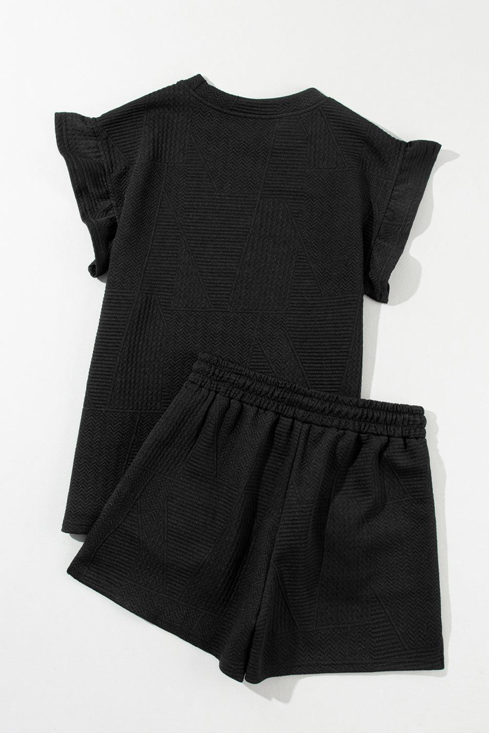 Dark Green Textured Ruffle Split Top and Drawstring Shorts Set - The Fair Lady Shop