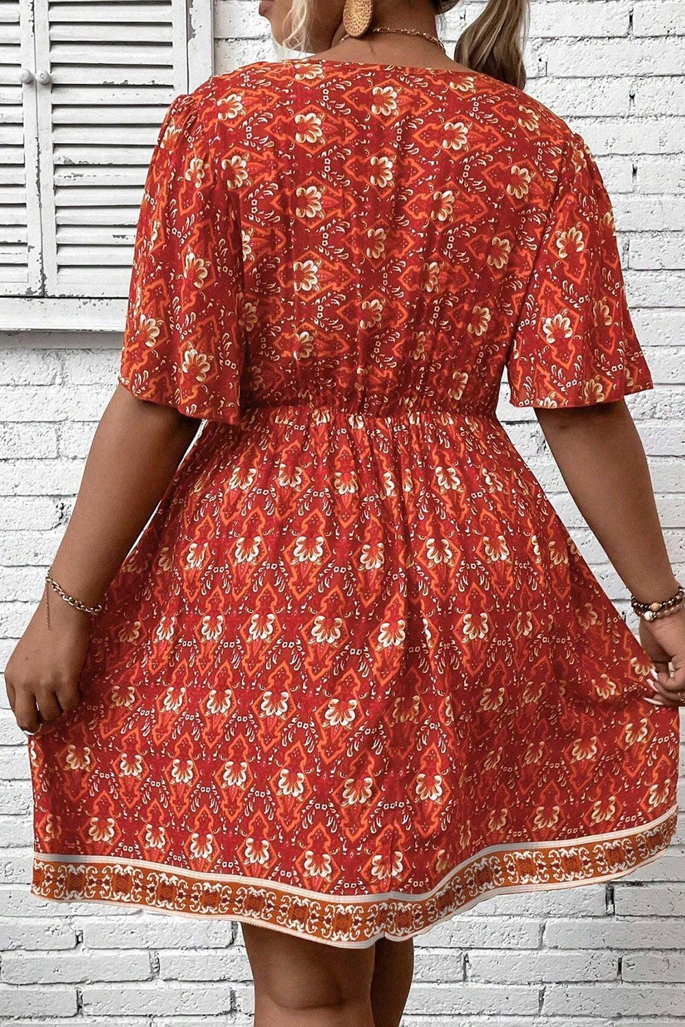 Orange Plus Size Boho Print Surplice Neck Empire Waist Flowy Mini Dress - The Fair Lady Shop