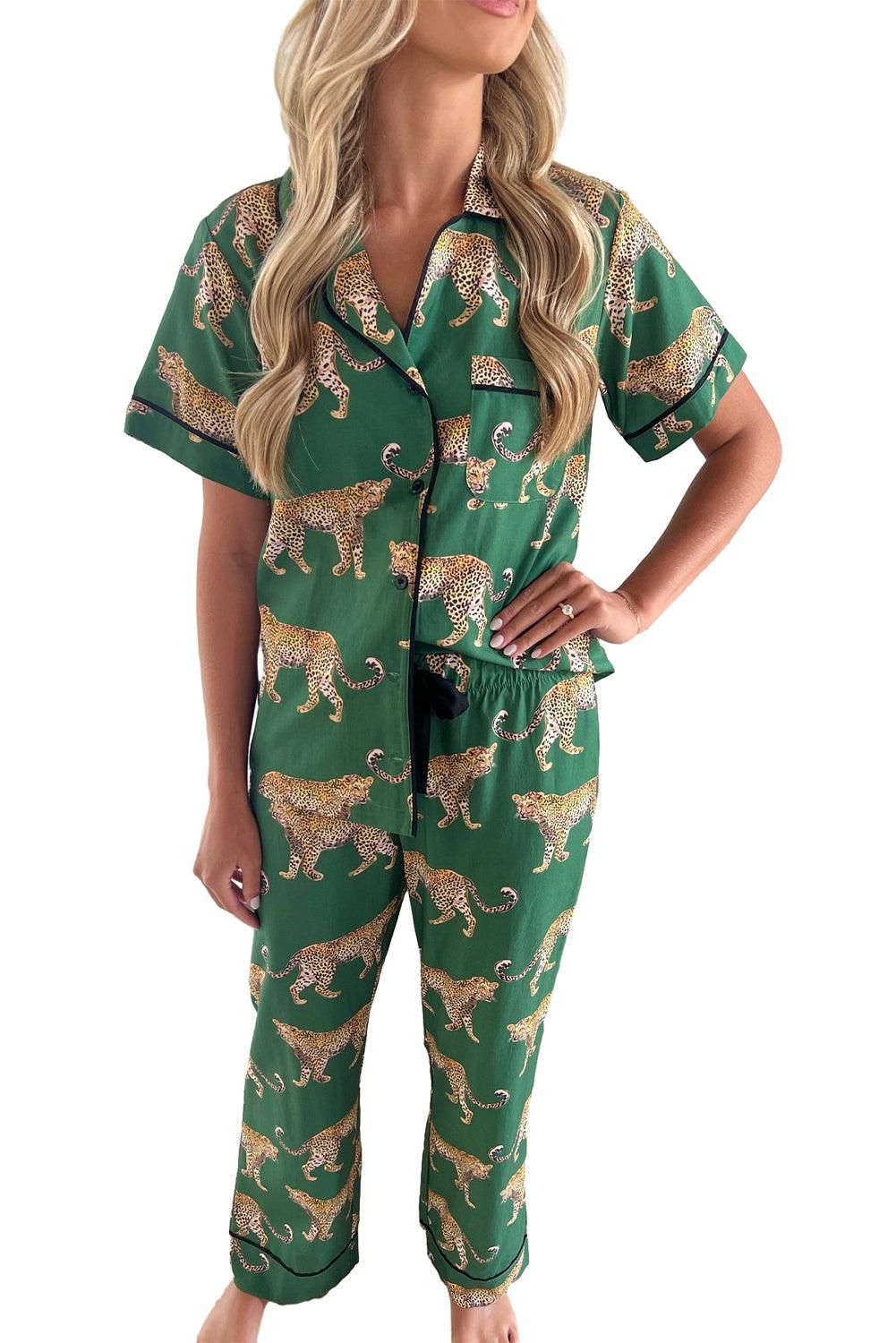 Green Cheetah Print Short Sleeve Shirt and Pants Pajama Set - The Fair Lady Shop