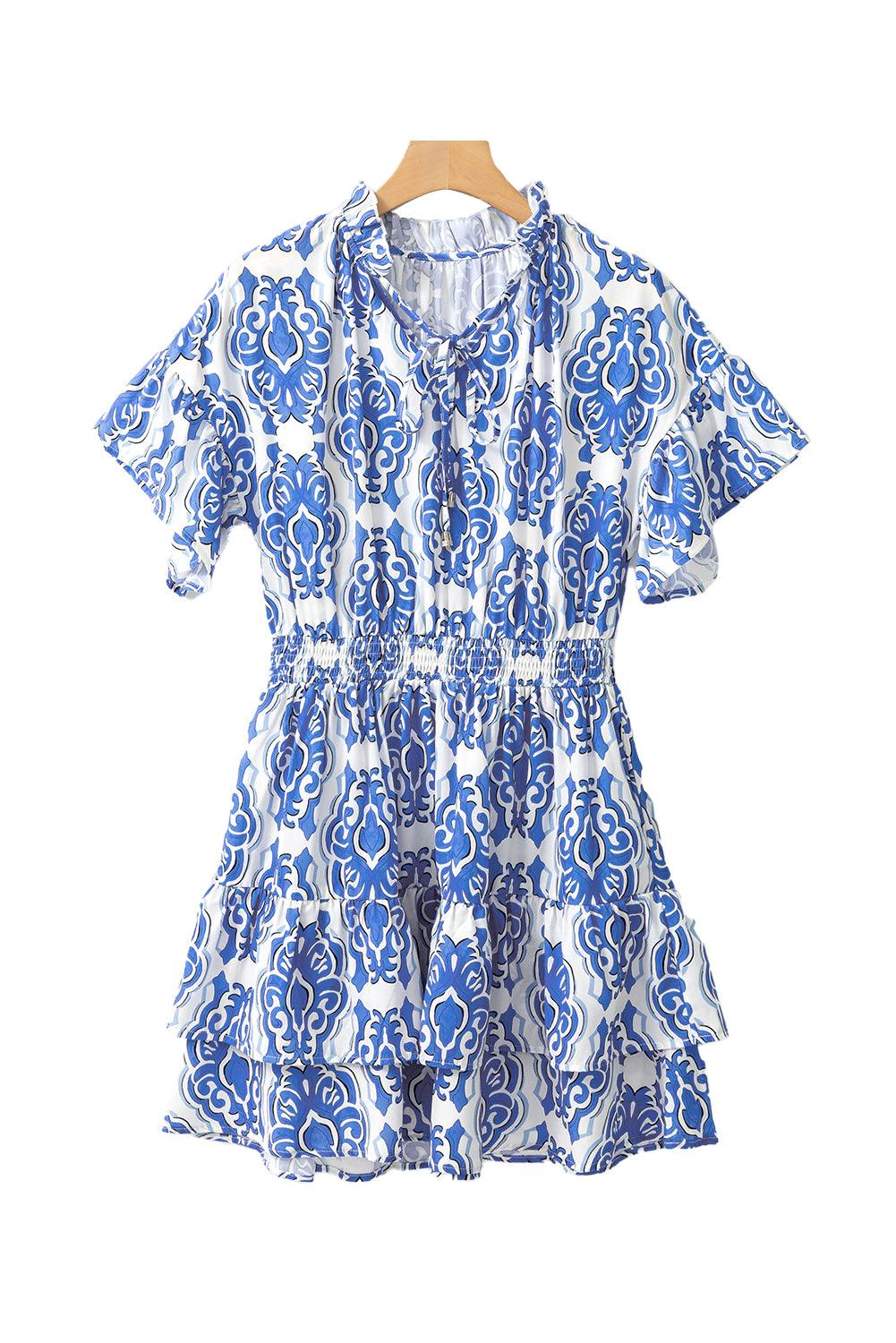 Ashleigh Blue Abstract Print Smocked Waist Tiered Mini Dress - The Fair Lady Shop