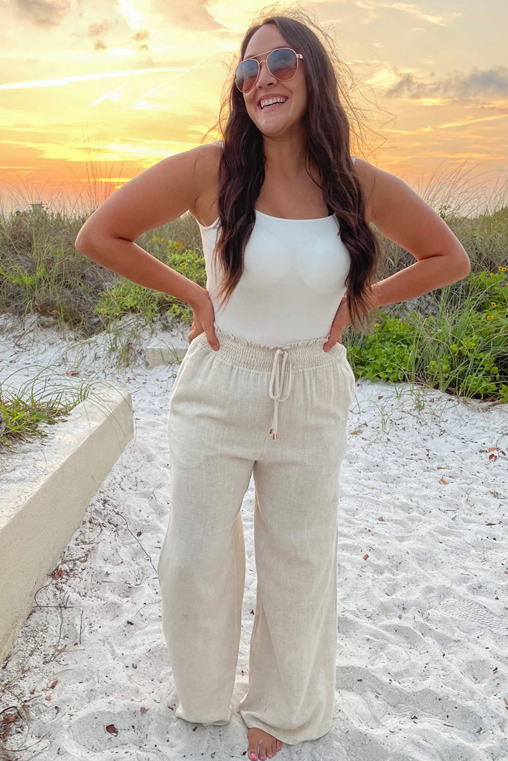 Beige Frill Smocked Waist Wide Leg Plus Size Pants - The Fair Lady Shop