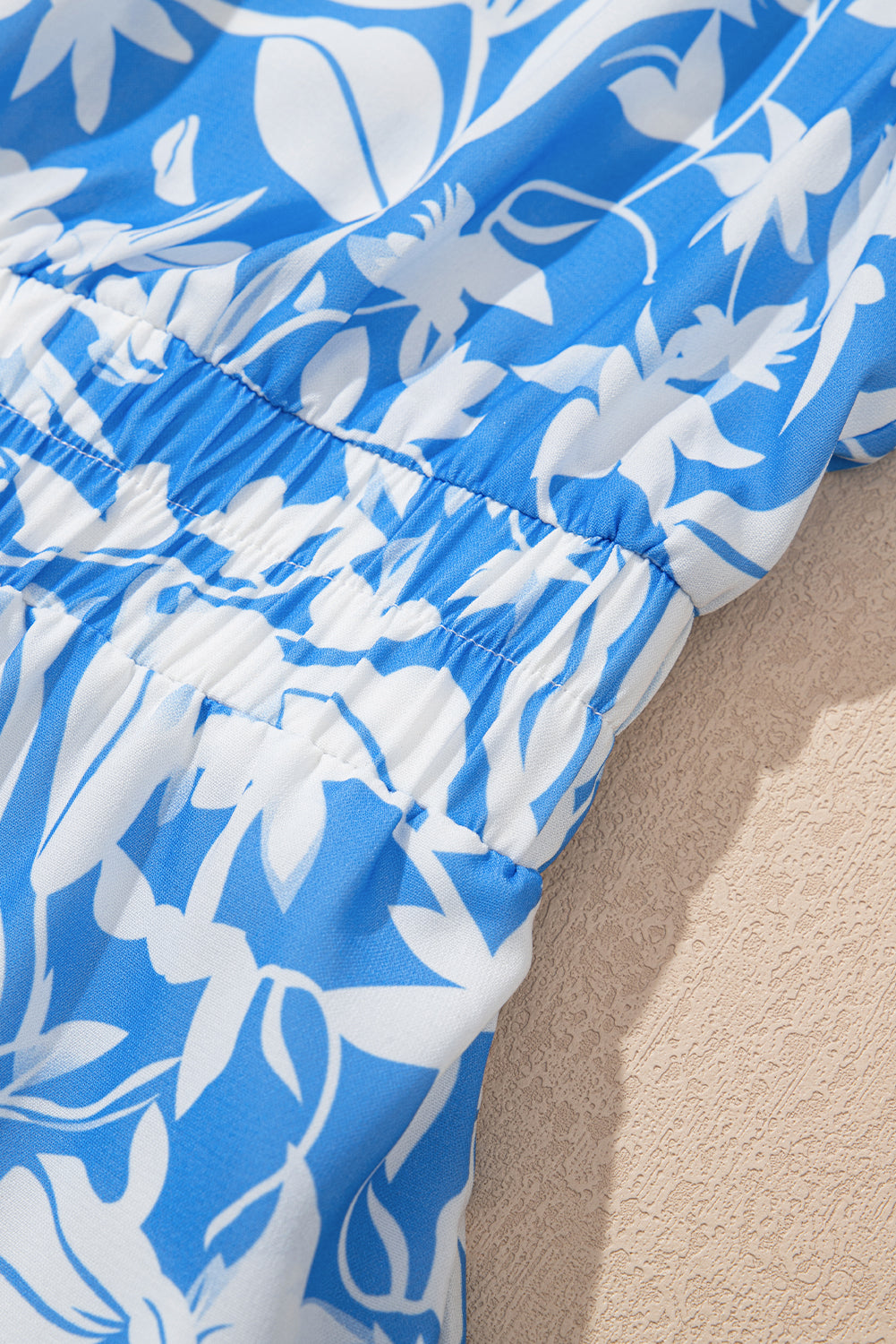 Sky Blue Floral Print Deep V Neck Puff Sleeve Flowy Dress - The Fair Lady Shop