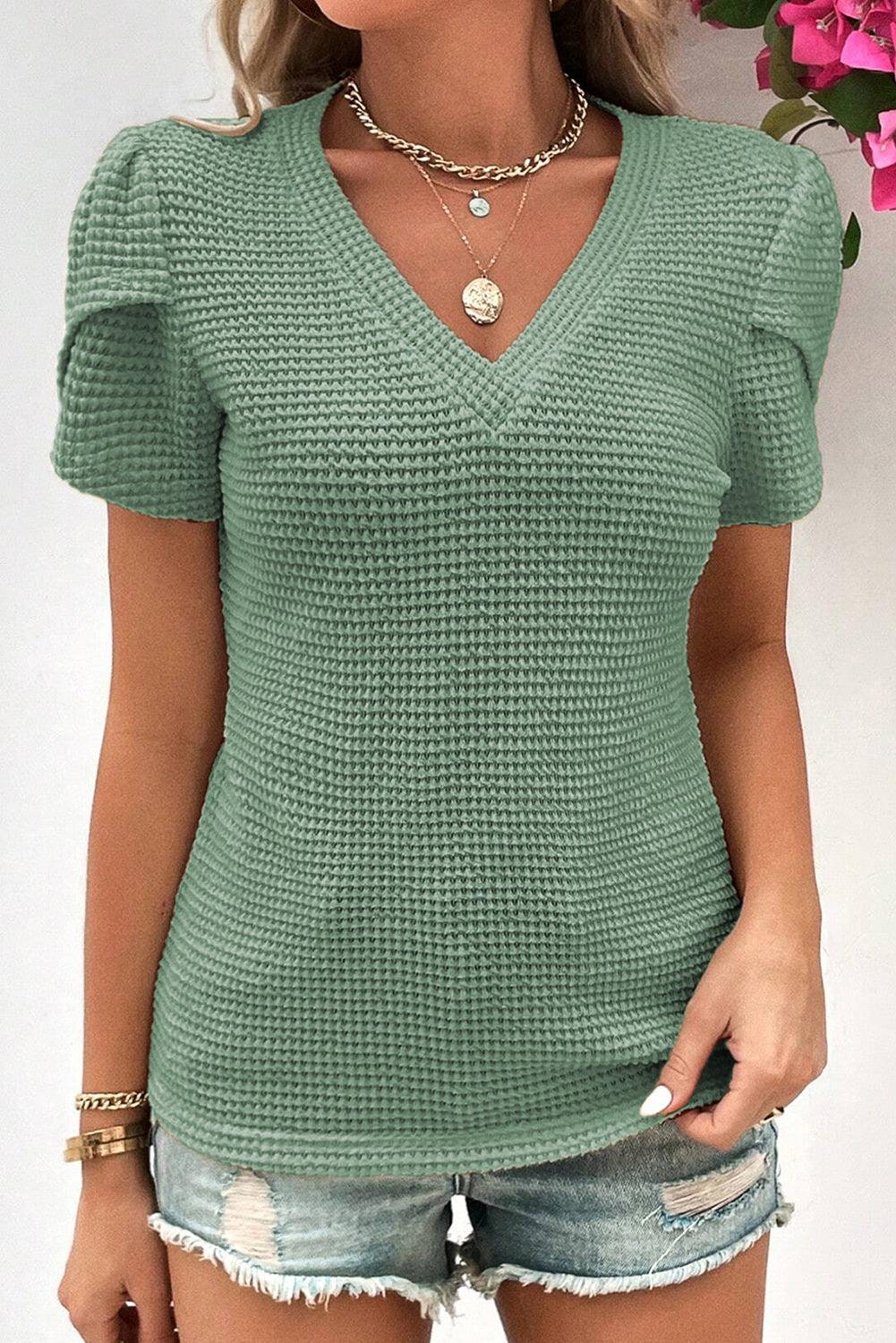 Mist Green Tulip Sleeve Waffle Knit V Neck T-Shirt - The Fair Lady Shop