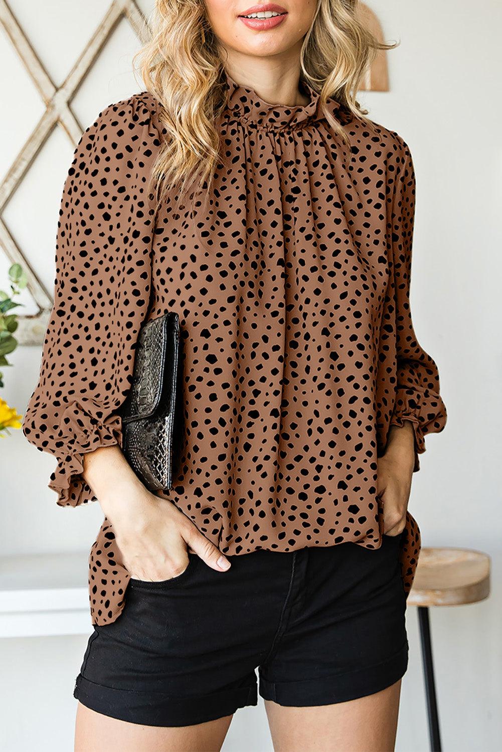 Brown Leopard Print Frill Neck 3/4 Sleeves Blouse - The Fair Lady Shop