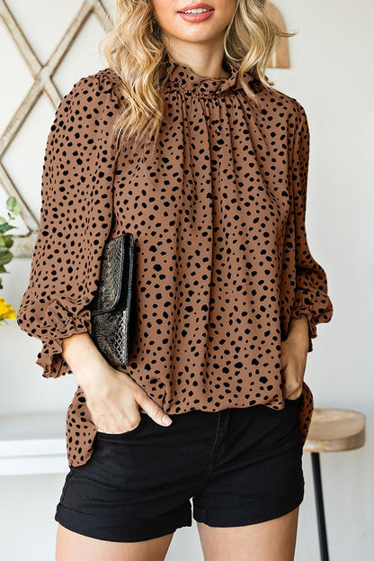 Brown Leopard Print Frill Neck 3/4 Sleeves Blouse - The Fair Lady Shop