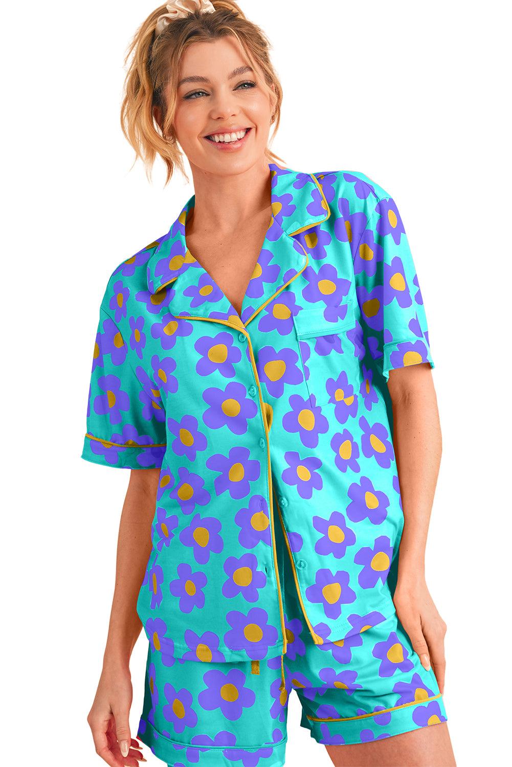 Green Flower Print Buttoned Shirt and Drawstring Waist Pajama Set - The Fair Lady Shop