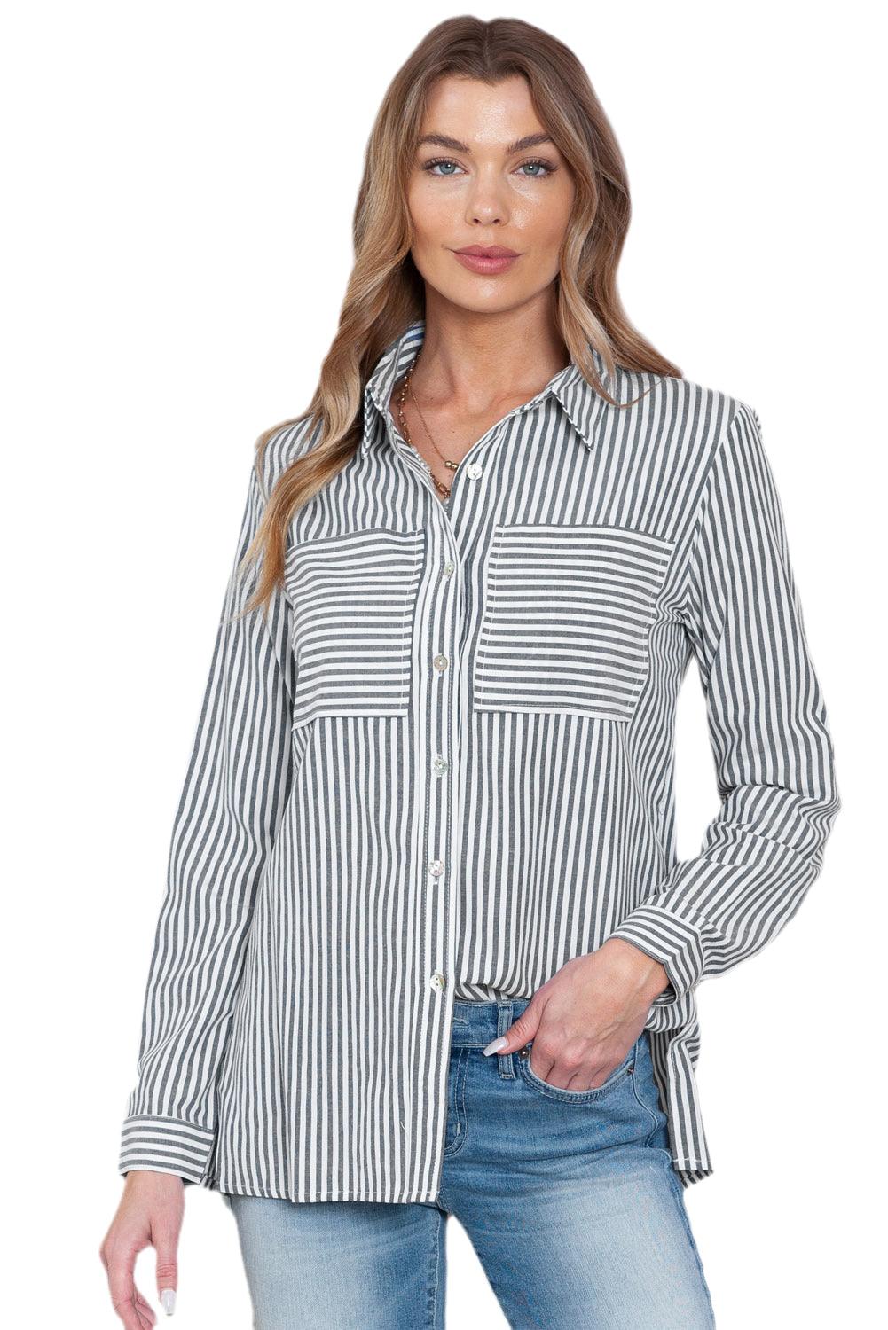 Blue Striped Chic Pockets Roll Up Sleeve Buttons Front Shirt - The Fair Lady Shop