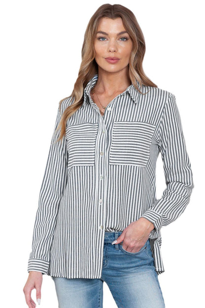 Blue Striped Chic Pockets Roll Up Sleeve Buttons Front Shirt - The Fair Lady Shop