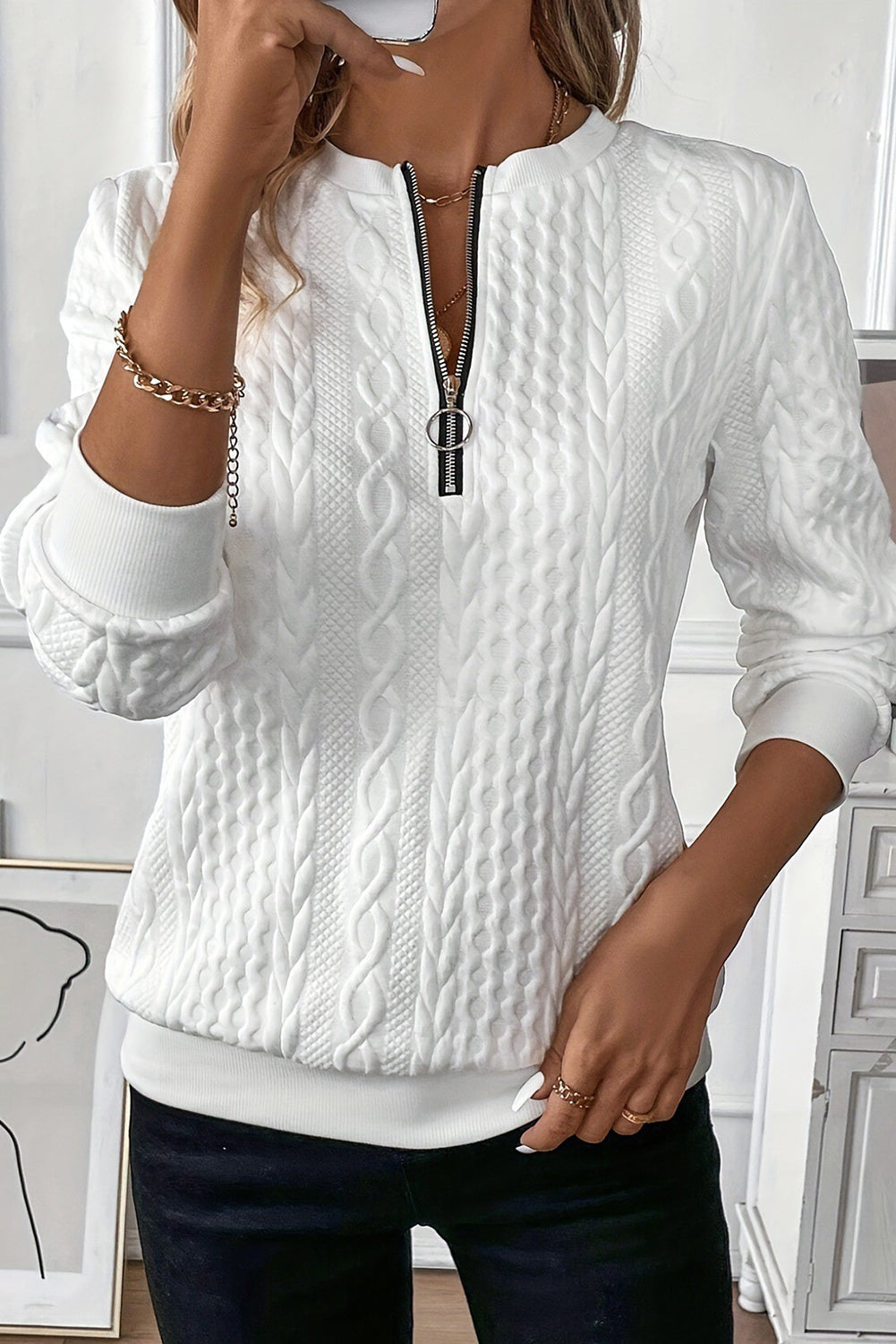 White Casual Zipper Pullover Sweater - The Fair Lady Shop