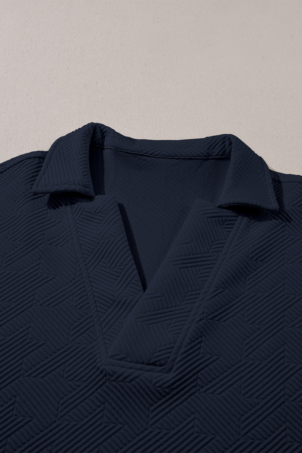 Navy Blue Textured V Neck Collared Slit Hem T Shirt - The Fair Lady Shop