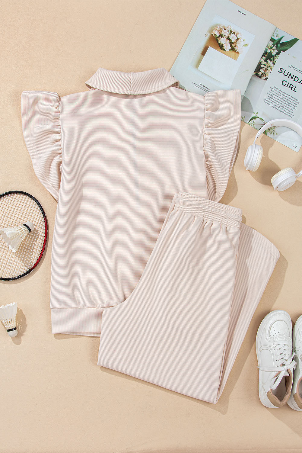 Apricot Textured Ruffle Sleeve Zipped Top and Wide Leg Pants Set - The Fair Lady Shop