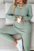 Grass Green Ribbed Notched Neck Knit Long Sleeve Leggings Two Pieces Lounge Set
