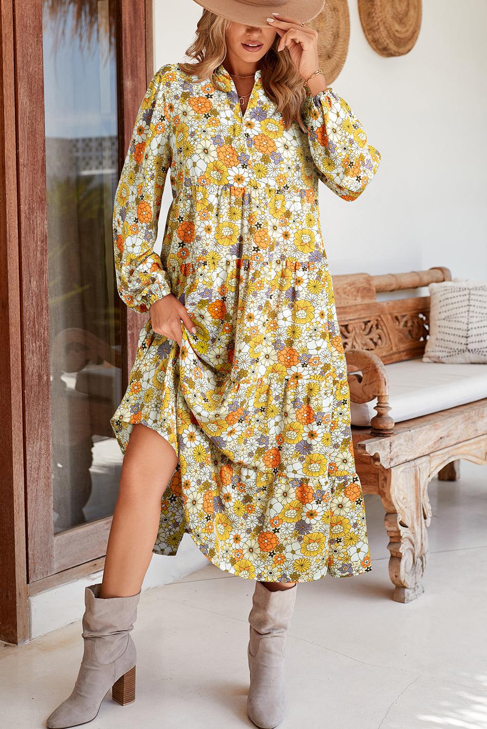 Multicolor Boho Floral Collared Long Sleeve Dress - The Fair Lady Shop