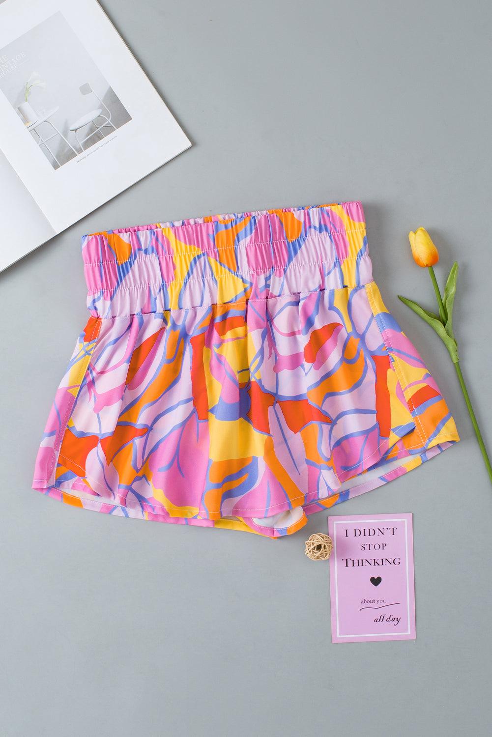 Purple Abstract Print Smocked Waist Flared Shorts - The Fair Lady Shop