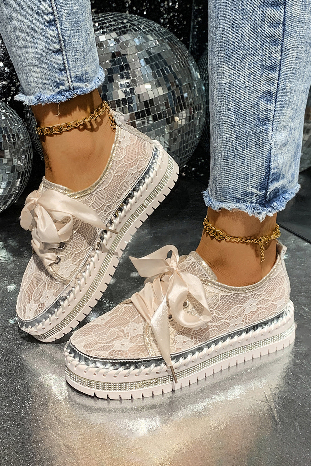 White Floral Mesh Thick Sole Sneakers